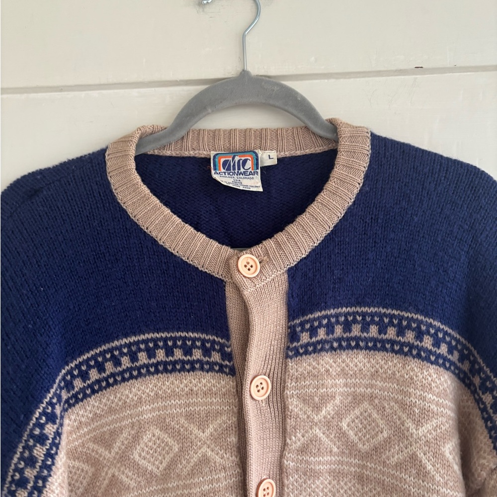 Vintage ARC Actionwear Men’s Beige and Blue Nordic Wool Cardigan Sweater Size L - Picture 5 of 11